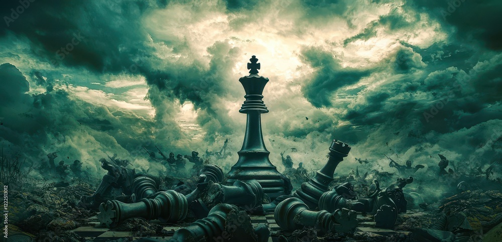 Chess board with a king and many pieces scattered around it Chess board with a king and many pieces scattered around it