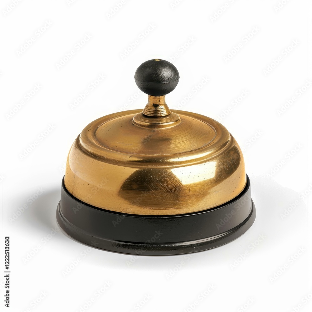 Shiny golden counter bell with black button and base on white background Shiny golden counter bell with black button and base on white background