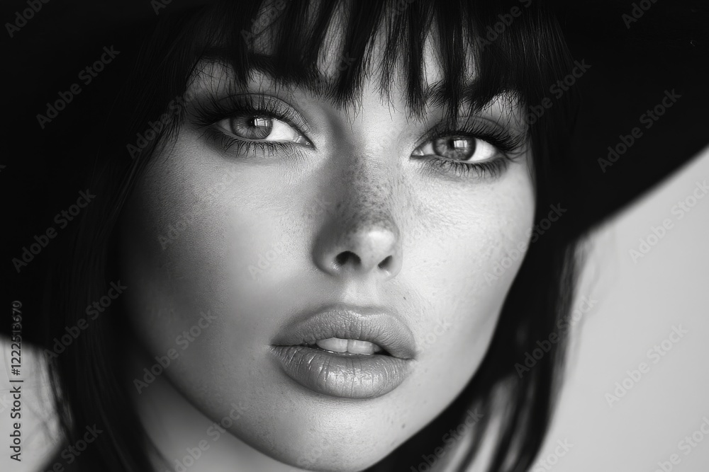 Striking portrait of a young woman with dark hair and captivating eyes wearing a wide-brimmed hat in black and white Striking portrait of a young woman with dark hair and captivating eyes wearing a wide-brimmed hat in black and white