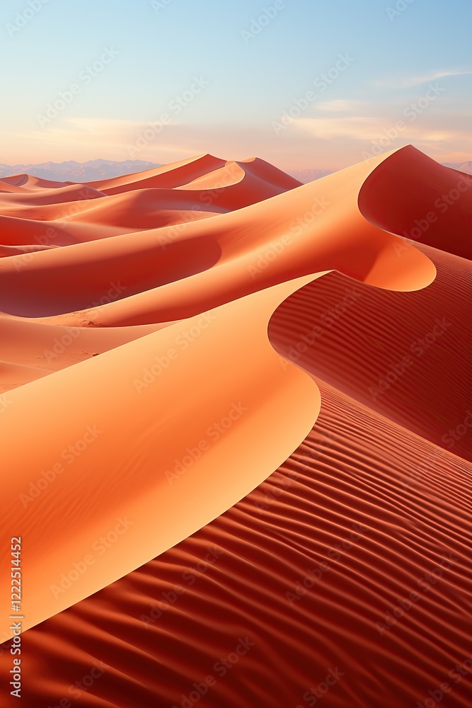 A scene of golden sand dunes under a clear blue sky in the Sahara Desert A scene of golden sand dunes under a clear blue sky in the Sahara Desert