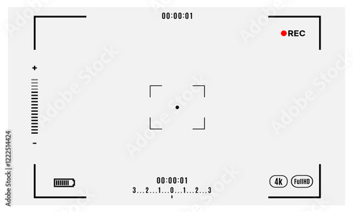 Camcorder. Video recording overlay with camcorder interface, showing REC icon, battery level, focus frame, and timer set to 00:00:00. Perfect for video editing, vlogging, and cinematic effects.