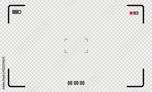 Camcorder. Video recording overlay with camcorder interface, showing REC icon, battery level, focus frame, and timer set to 00:00:00. Perfect for video editing, vlogging, and cinematic effects.