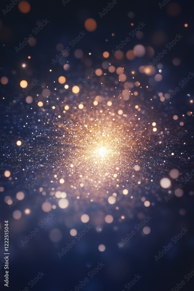 Ethereal Golden Light Explosion with Bokeh on a Dark Blue Textured Background. Ethereal Golden Light Explosion with Bokeh on a Dark Blue Textured Background.