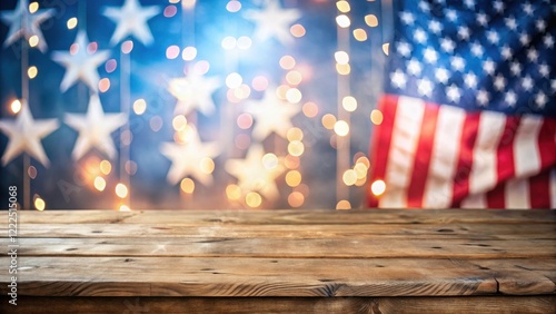 Rustic Wooden Table Against a Festive Backdrop of Sparkling Lights and a Blurred Patriotically Themed Flag