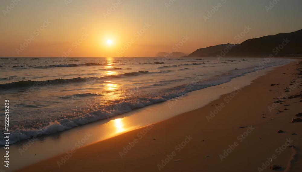 Obraz premium Golden Sunset Serenity: Gentle Waves Kissing a Sandy Shore at Twilight
