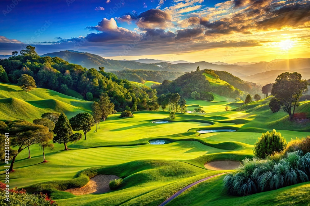 Fototapeta premium Breathtaking golf course vistas: emerald fairways, gleaming clubs, strategic bunkers, and majestic scenery.