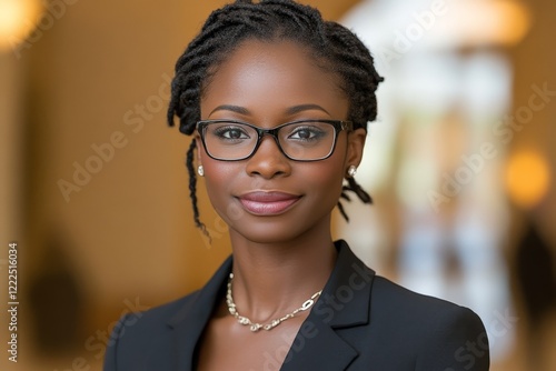 Professional woman with glasses poses confidently in aformal setting at a business event during daytime photo