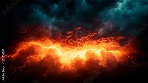 Dramatic Storm Clouds with Lightning and Fiery Horizon Effect