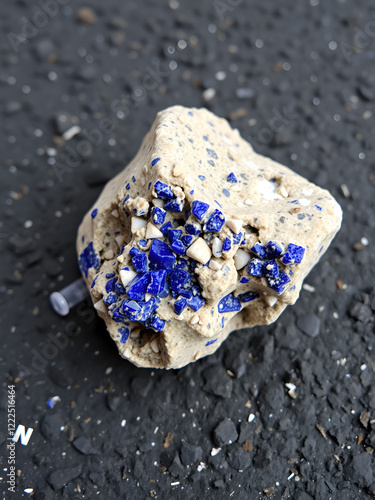 closeup of sample of natural mineral from geological collection - tumbled Lazurite (Lapis Lazuli) rock on black granite background from Tajikistan photo