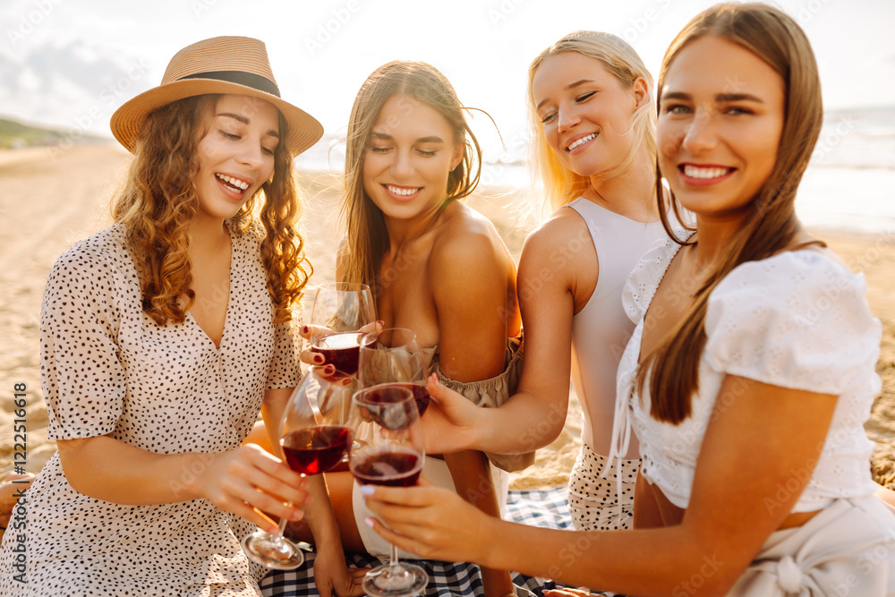 Beach party. Group of young women with wine glasses having fun on the beach, celebrating hen party at coastline and enjoying their vacation.