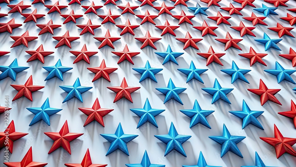 Fototapeta premium Crisp white backdrop showcases bold red stripes and vibrant blue stars, rendered with exceptional depth of field and simple geometry.