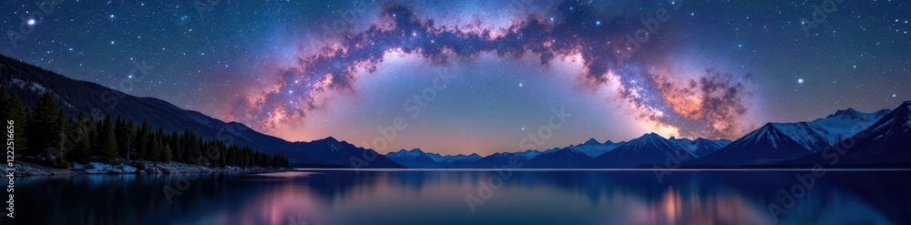 Fototapeta premium Diamond-dust stars over Lake Tahoe; Milky Way arches overhead , sky, travel