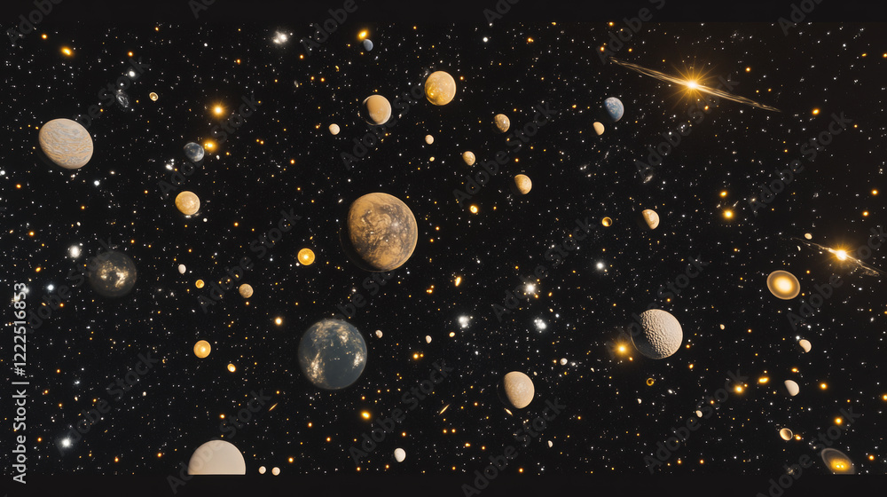 Planets in outer space with satellites, meteors, asteroids and nebula in dark starry sky. Galaxy, cosmos, universe futuristic fantasy view background for computer game. Cartoon vector illustration Planets in outer space with satellites, meteors, asteroids and nebula in dark starry sky. Galaxy, cosmos, universe futuristic fantasy view background for computer game. Cartoon vector illustration
