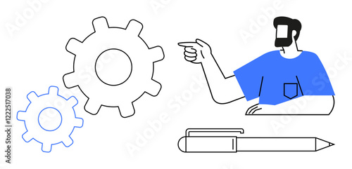 Person with blue shirt points towards two gears one large, one small. Pen below the scene. Ideal for innovation, teamwork, engineering, creativity, productivity, problem-solving brainstorming