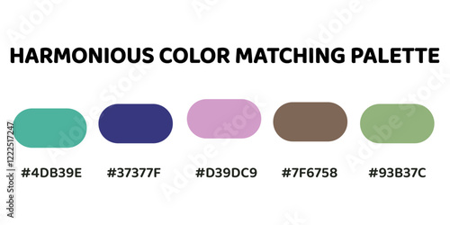 Harmonious color palette with five colors. This palette combines warm and cool tones, balanced and visually appealing aesthetic. Sea Green, Navy Blue, Lavender, Dark Olive Green, Pale Green. 106.