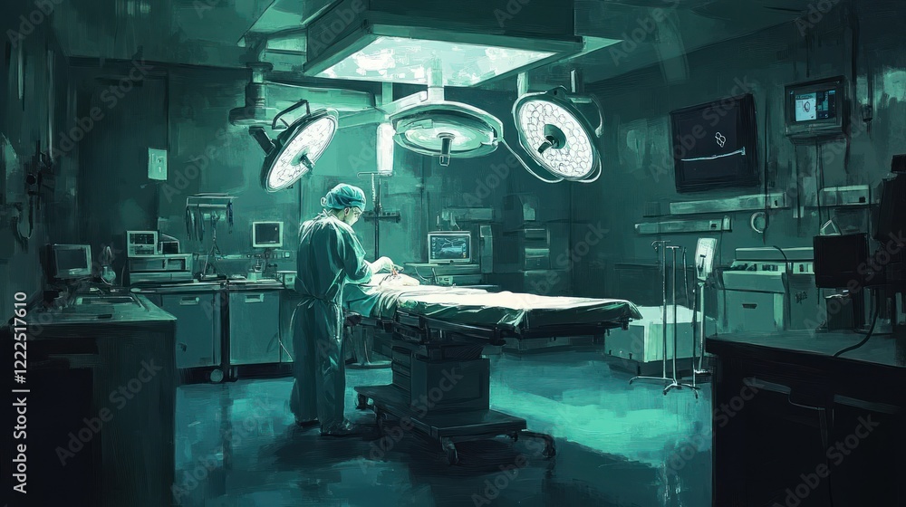 Surgeon performing surgery in a dimly lit operating room.