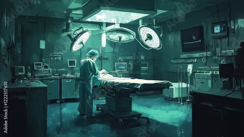 Obraz na płótnie Surgeon performing surgery in a dimly lit operating room. w salonie