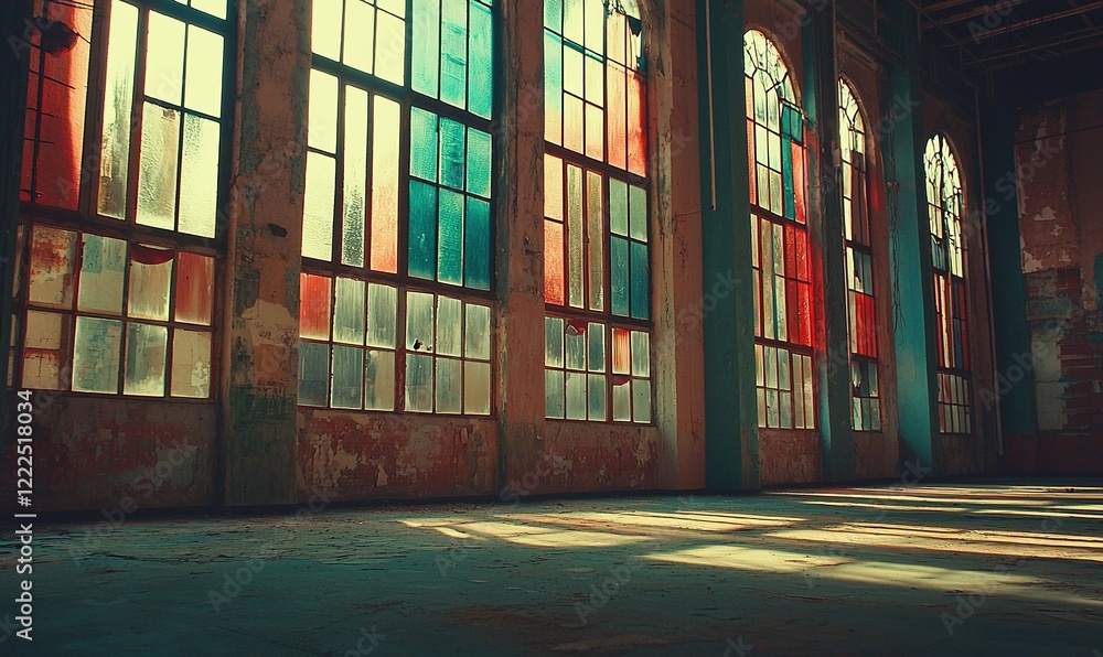 Sunlight through colorful windows in abandoned industrial hall Sunlight through colorful windows in abandoned industrial hall