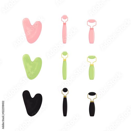 Guasha massage scraping. Roller for Face and Gua Sha Massage. Pink rose, green and black quartz stone roller and Scraping Plate Kit. Anti-Aging Beauty Skincare Tool. Vector illustration.