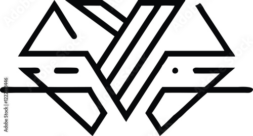 geometric black and white logo, diamond shapes, symmetrical design, angular forms, minimalist emblem, futuristic tribal symbol, abstract spaceship icon, sharp lines, bold graphic, vector art, clean mo