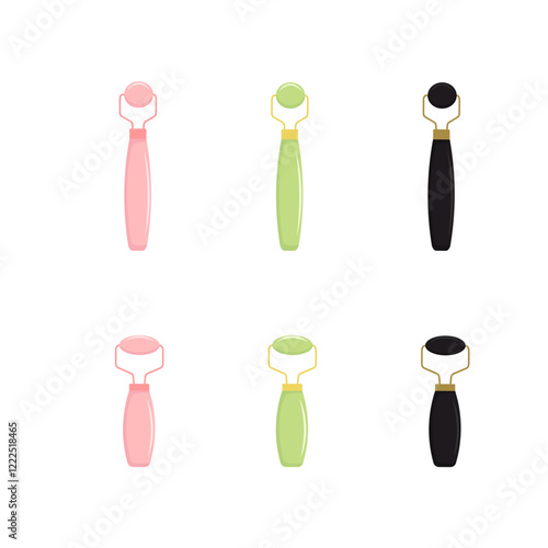 Guasha massage scraping. Roller for Face and Gua Sha Massage. Pink rose, green and black quartz stone roller and Scraping Plate Kit. Anti-Aging Beauty Skincare Tool. Vector illustration.