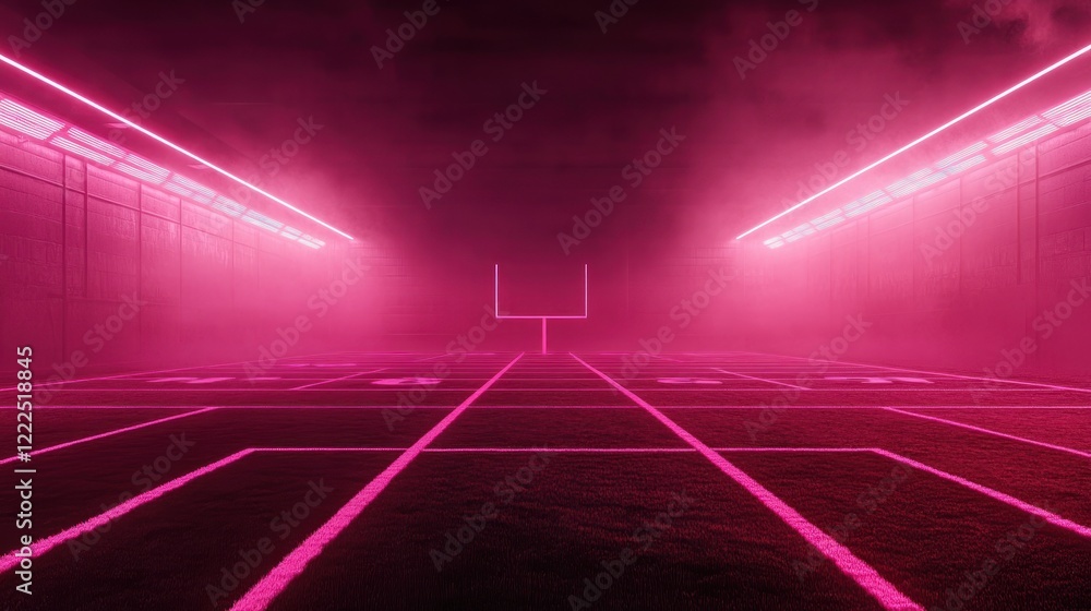 Pink neon lights illuminate an empty football field at night, creating a futuristic, dramatic atmosphere.
