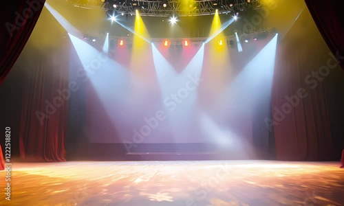 red curtain opening with grand stage and bright light decoration, 4k resolution footage, generated ai