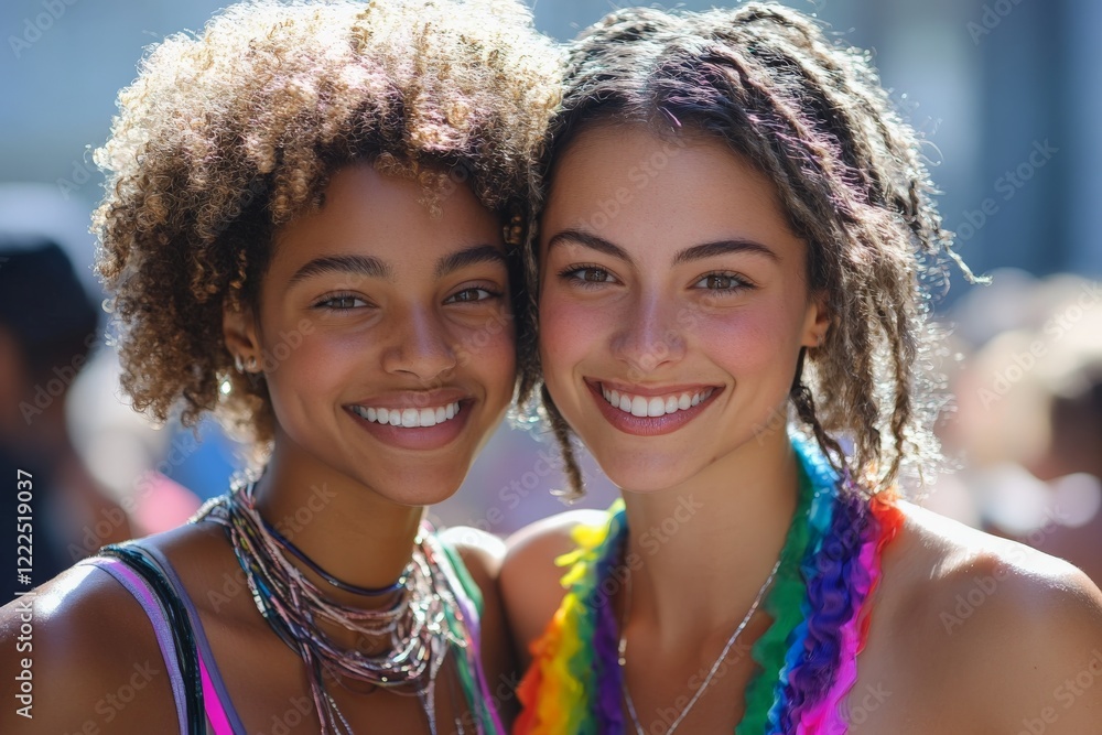 Fototapeta premium Friends enjoying a vibrant festival together under the sun with colorful attire and joyful expressions