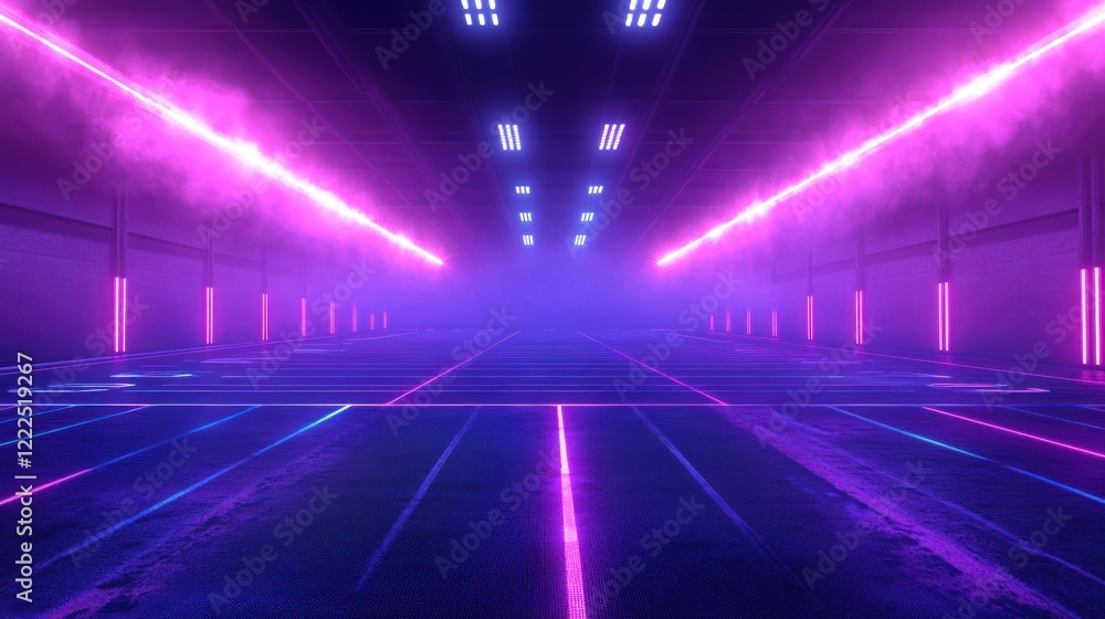 Futuristic neon-lit tunnel with pink and blue lights, smoke, and glowing lines on the floor.