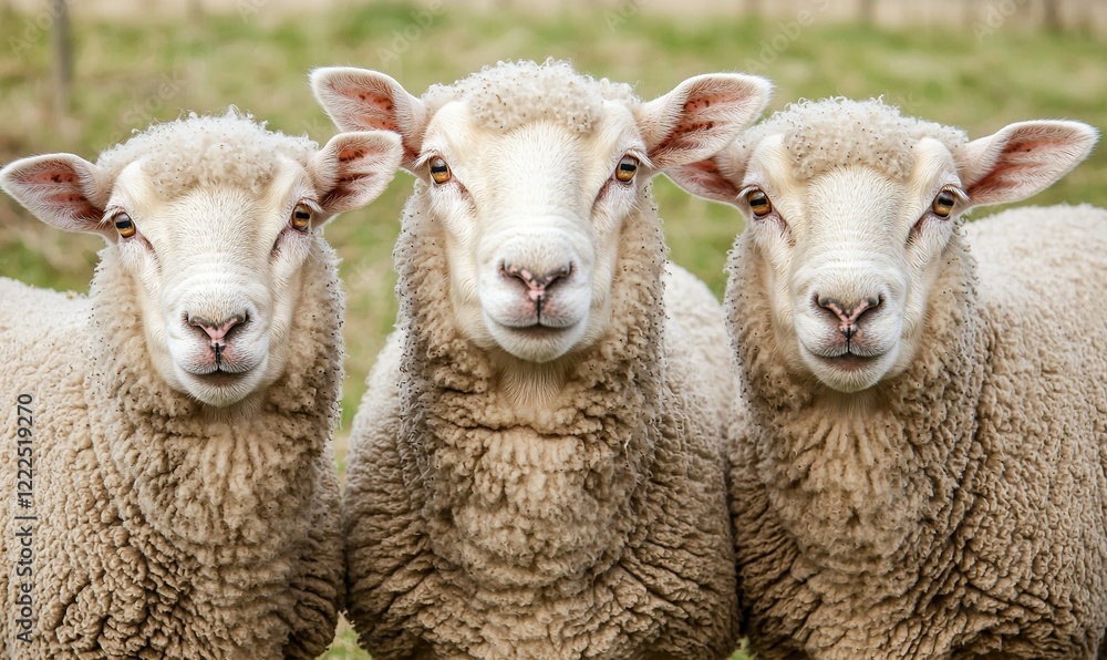 Fototapeta premium Three sheep stand together in a green pasture, looking directly at the camera