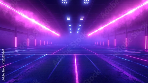Obraz na płótnie Futuristic neon-lit tunnel with pink and blue lights, smoke, and glowing lines on the floor. w salonie