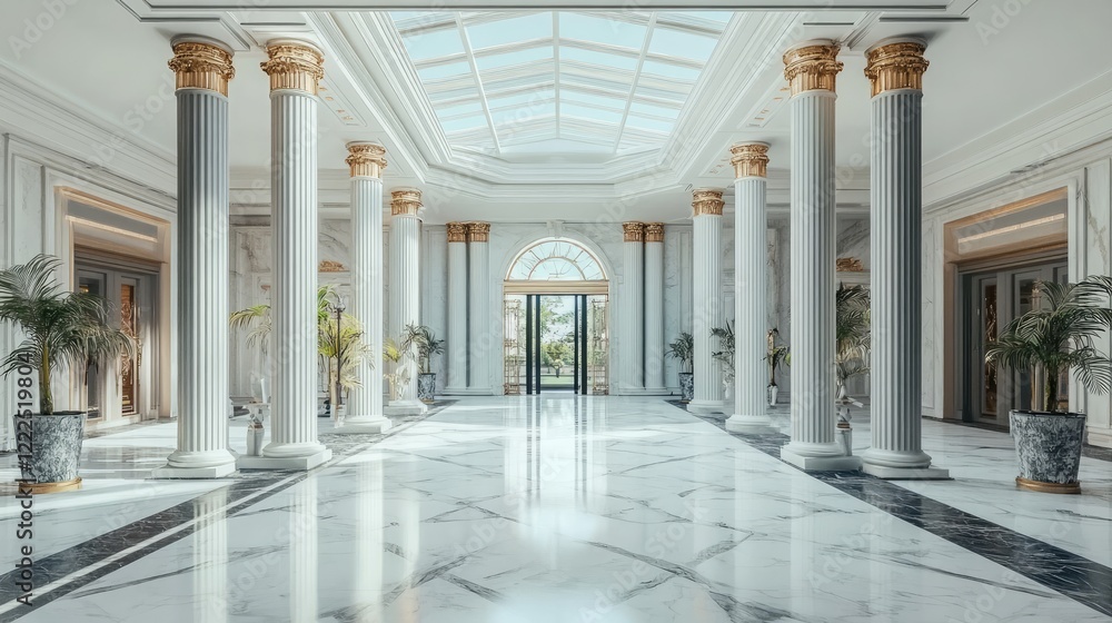 Fototapeta premium Luxurious interior hall with marble flooring, tall classical columns, and natural light streaming through skylights, creating an opulent atmosphere.