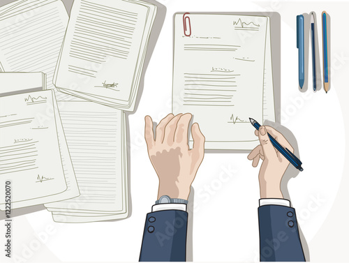 hands bussines man in suit lawer signing up contract list paper treaty document with stock of papers in background isolated on white background