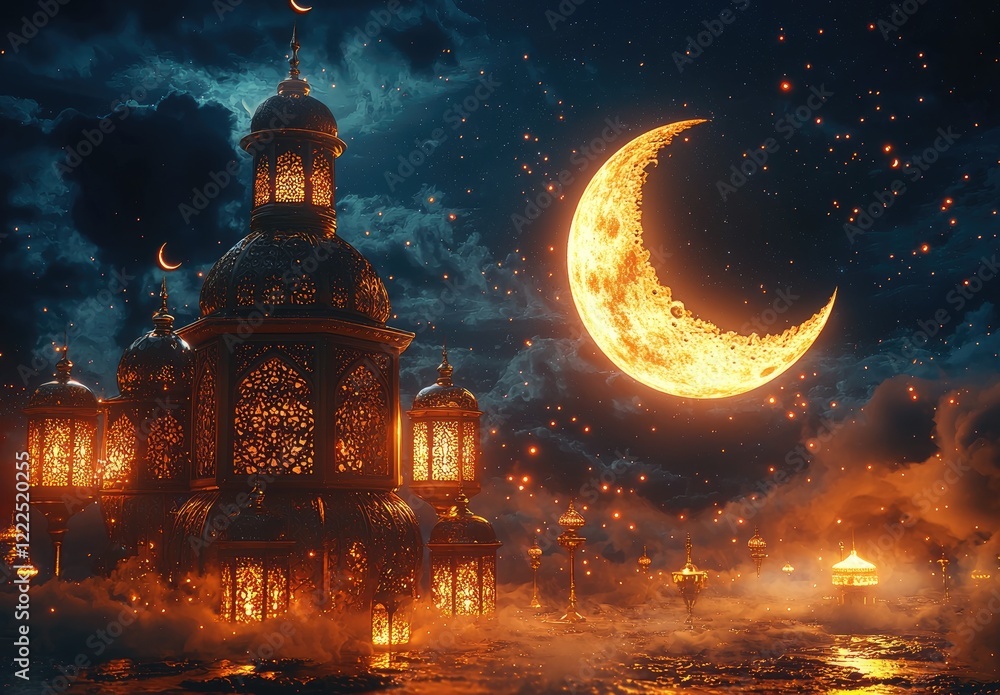 Glowing Building and Crescent Moon at Night, Pixel Art Style Glowing Building and Crescent Moon at Night, Pixel Art Style