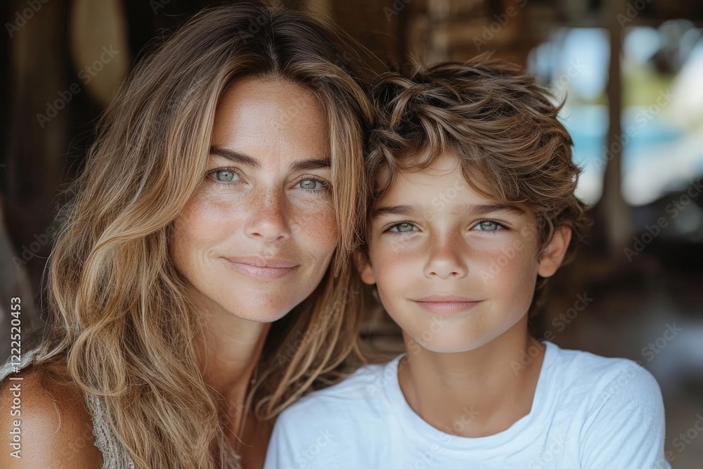 Mother and son share a warm moment with smiles in a cozy setting during the afternoon Mother and son share a warm moment with smiles in a cozy setting during the afternoon