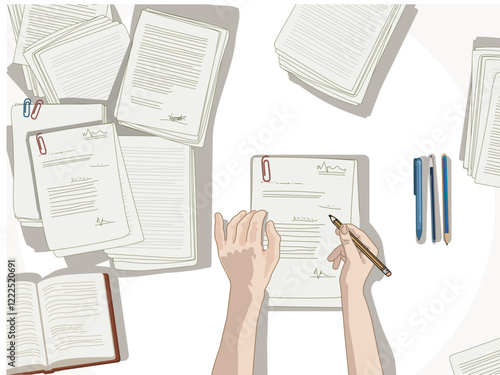 hands bussines man in suit lawer signing up contract list paper treaty document with stock of papers in background isolated on white background