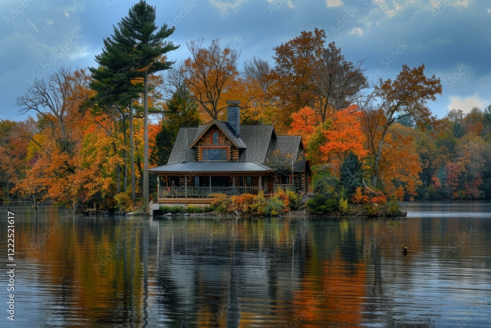 Beautiful wooden cabin reflecting on calm lake surrounded by colorful fall foliage Beautiful wooden cabin reflecting on calm lake surrounded by colorful fall foliage