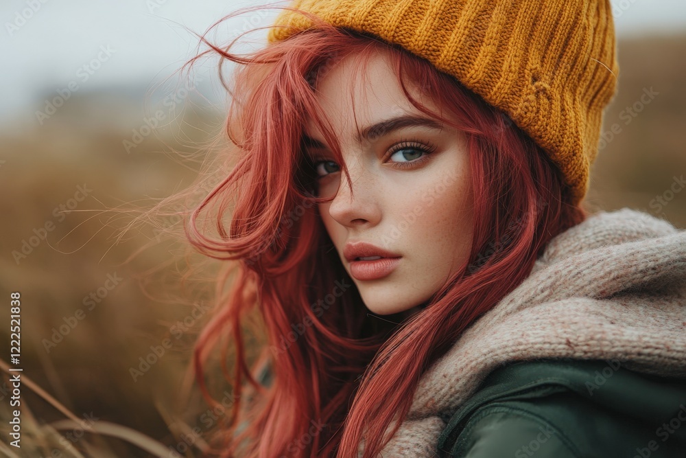 Young woman with red hair wearing a yellow beanie against a natural background during a breezy day Young woman with red hair wearing a yellow beanie against a natural background during a breezy day