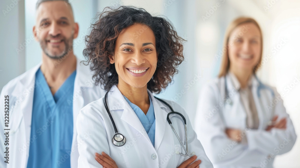 confident female doctor smiling warmly, standing with her arms crossed, accompanied by two other medical professionals in bright hospital corridor confident female doctor smiling warmly, standing with her arms crossed, accompanied by two other medical professionals in bright hospital corridor