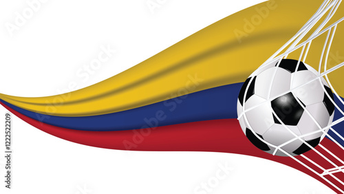 Soccer football ball in goal net with Colombia wavy flag، Sports accessory equipment