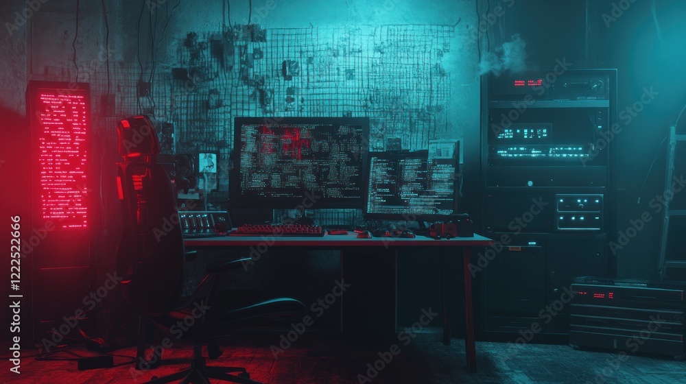 Hacker's dimly lit workspace with multiple monitors displaying code, a keyboard, and a wall covered in photos and data.