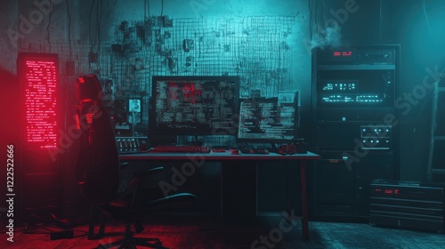 Obraz na płótnie Hacker's dimly lit workspace with multiple monitors displaying code, a keyboard, and a wall covered in photos and data. w salonie