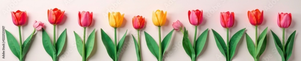 Potted tulips with delicate paper cut leaves and stems, floral arrangement, container gardening Potted tulips with delicate paper cut leaves and stems, floral arrangement, container gardening