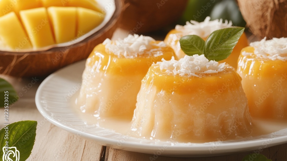 Dessert of fried milk jelly with mango, nata de coconut Dessert of fried milk jelly with mango, nata de coconut