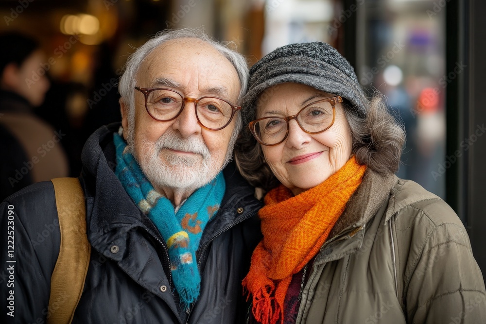 Elderly couple smiles warmly while posing together outside a bustling urban cafe on a sunny day Elderly couple smiles warmly while posing together outside a bustling urban cafe on a sunny day