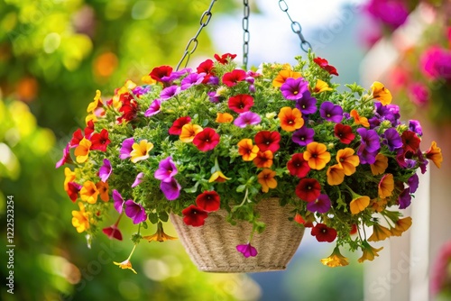 Miniature hanging basket, overflowing with calibrachoa, showcased in a tilt-shift 3D render against a pristine white backdrop.