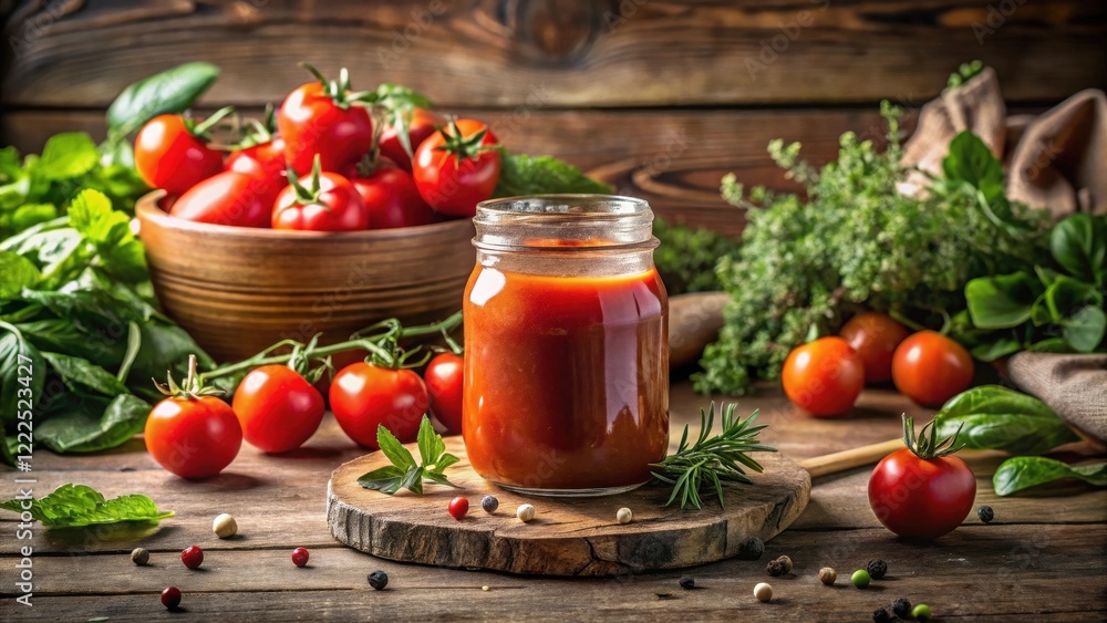 Homemade Tomato Sauce in Glass Jar with Fresh Herbs and Tomatoes on Rustic Wooden Table Homemade Tomato Sauce in Glass Jar with Fresh Herbs and Tomatoes on Rustic Wooden Table