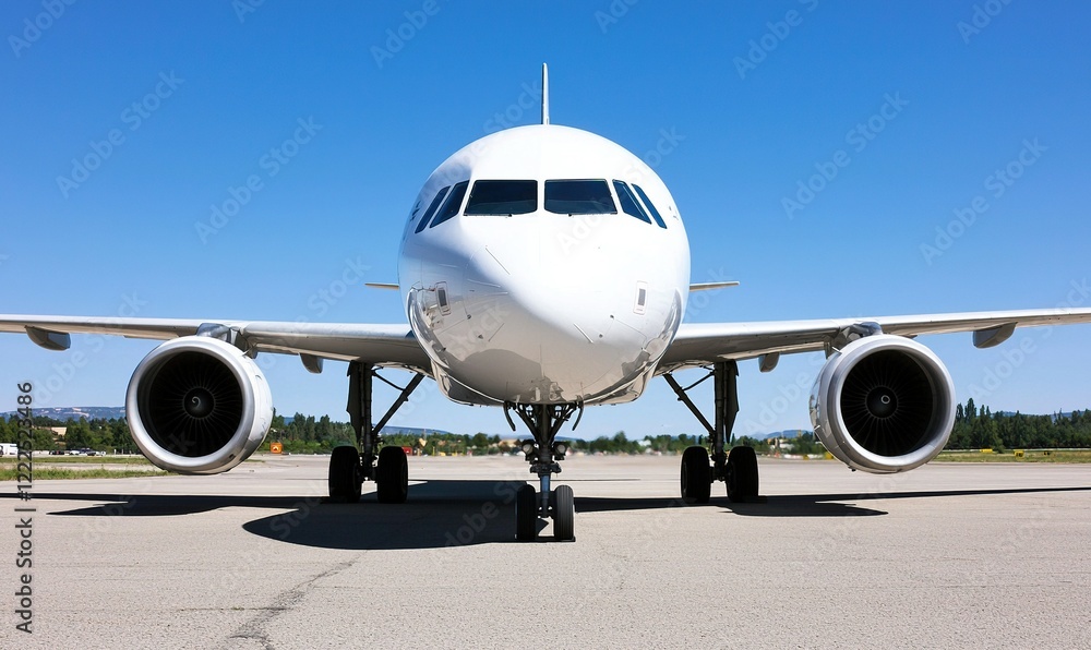 White passenger airplane on airport tarmac under blue sky, ready for departure White passenger airplane on airport tarmac under blue sky, ready for departure