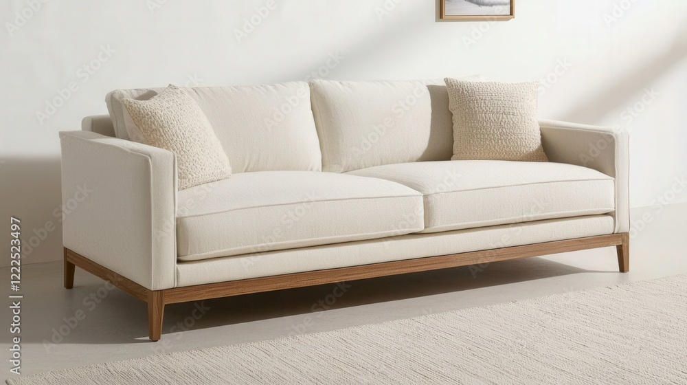 Furniture trendy and minimal innovative, A modern, elegant cream sofa with wooden legs and plush cushions, perfect for contemporary living spaces. Furniture trendy and minimal innovative, A modern, elegant cream sofa with wooden legs and plush cushions, perfect for contemporary living spaces.