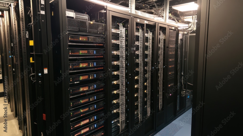 Modern data center server room with multiple racks, cables, and network equipment.